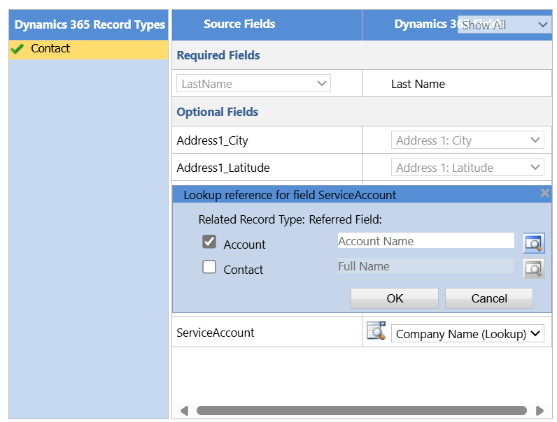 Screenshot of how the fields for contacts are mapped.