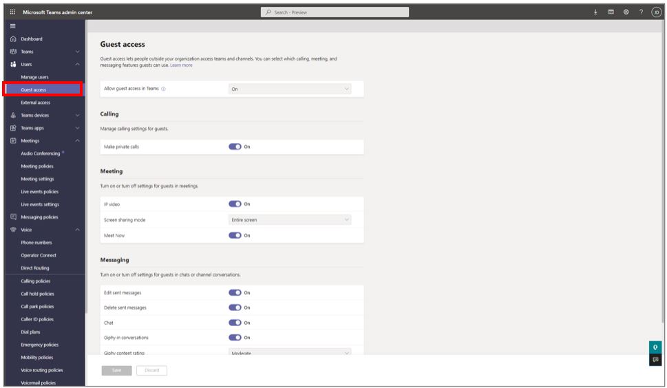 Screenshot dell'interfaccia di amministrazione di Microsoft Teams che mostra le impostazioni di Accesso guest.