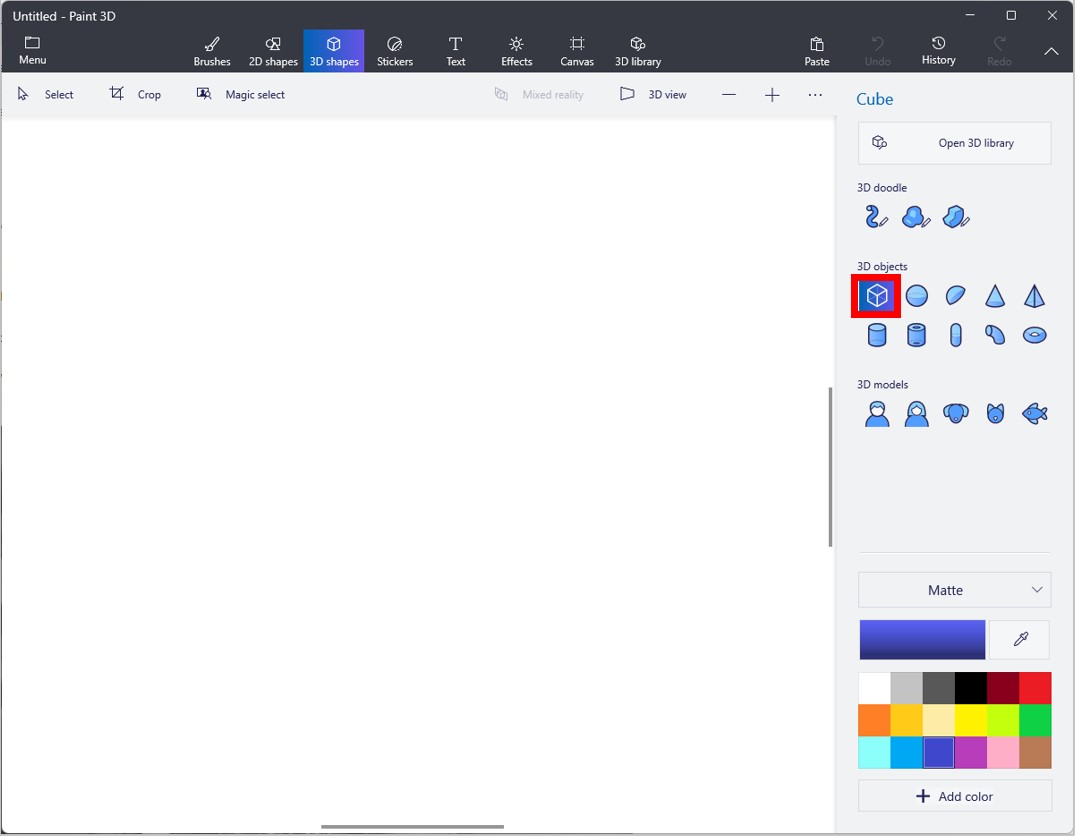 Screenshot di Paint 3D con la forma del cubo evidenziata.