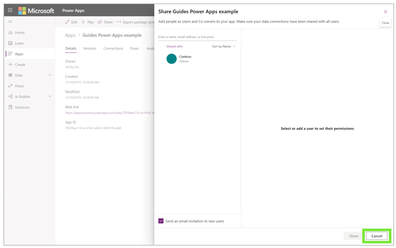 Screenshot del pulsante Annulla nella finestra di dialogo Condividi esempio di Power Apps in Guides.