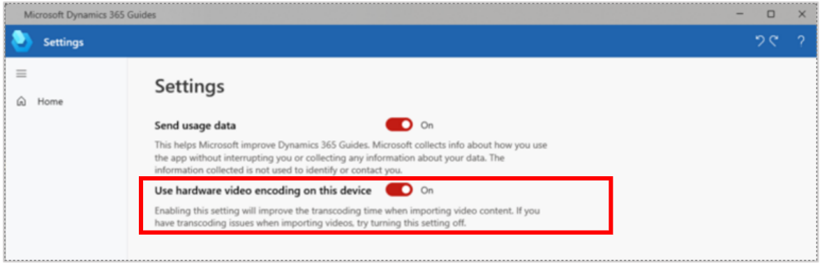 Screenshot dell'impostazione Usa codifica video hardware su questo dispositivo.