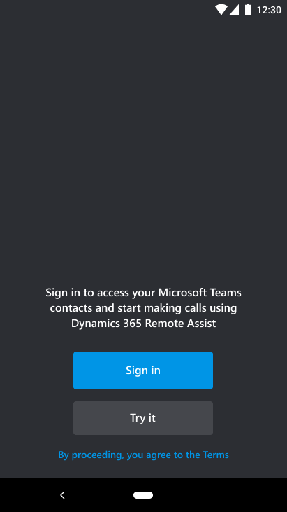 Screenshot di Dynamics 365 Remote Assist per dispositivi mobili su un telefono che mostra il pulsante Prova.