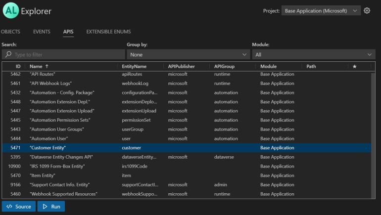 Panoramica di tutte le pagine API nell'ambito dell'app selezionato