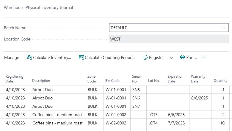 Registrazione dell'inventario fisico warehouse