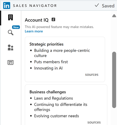 Screenshot of the Account IQ in Sales Navigator.