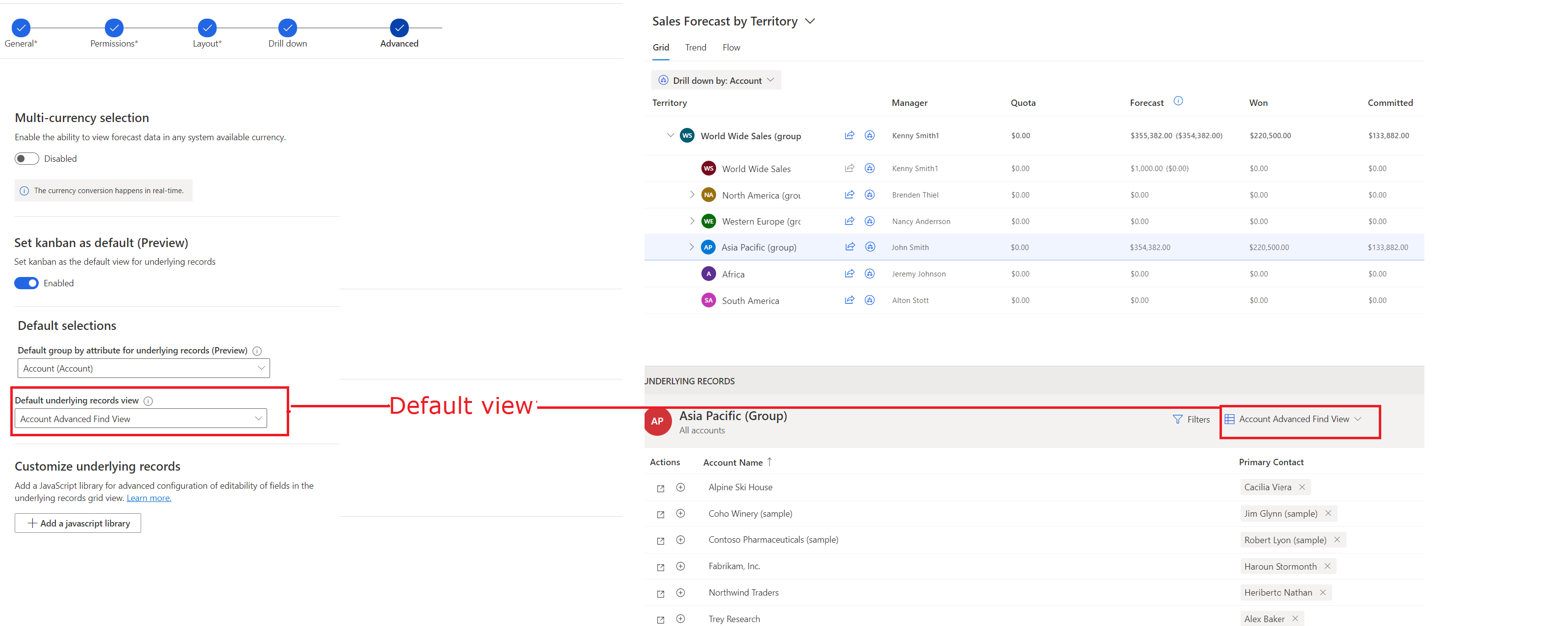 Screenshot dell'opzione di visualizzazione dei record sottostanti predefinita e della visualizzazione che appare nella griglia dei record sottostanti.