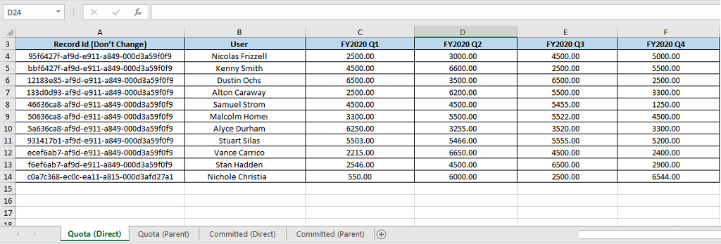 Visualizzazione della cartella di lavoro di Excel di esempio.