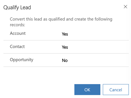 Selezionare i record da creare nella finestra di dialogo Imposta lead come qualificato.