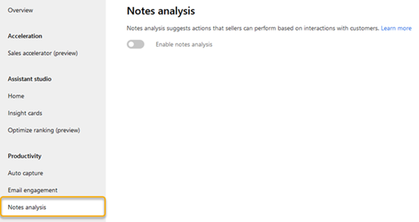 Pagina di configurazione di Analisi delle note