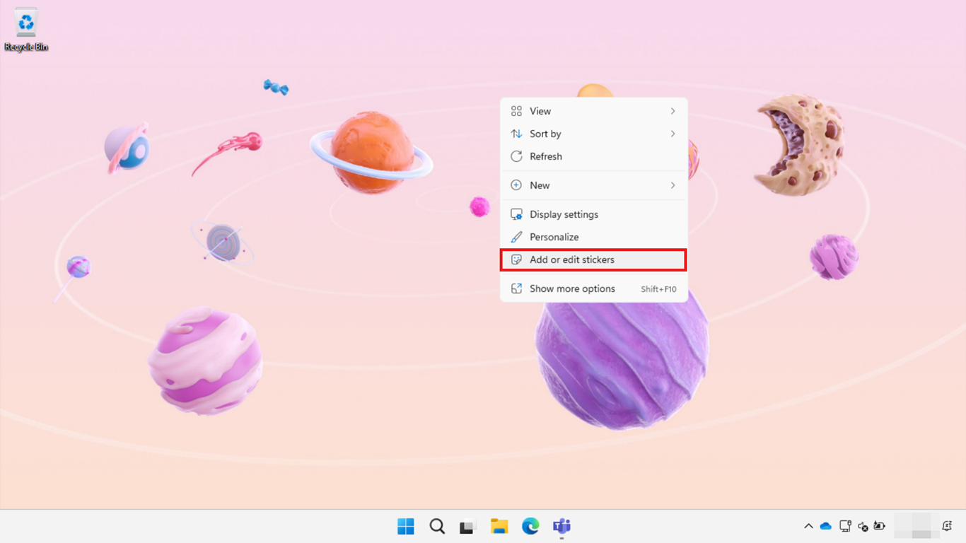 Windows 11 SE menu contestuale del desktop per aprire l'editor di adesivi