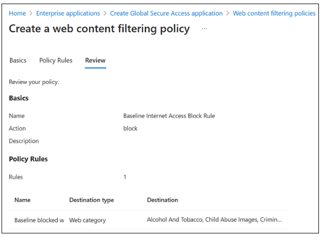 Screenshot dell'Accesso globale sicuro, Profili di sicurezza, Esamina scheda dei criteri di base.