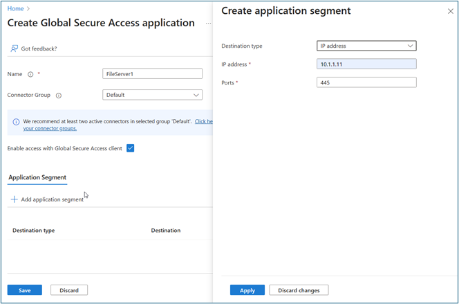 Screenshot di Create Global Secure Access application (Crea applicazione di accesso sicuro globale) e Create application segment (Crea segmento di applicazione).