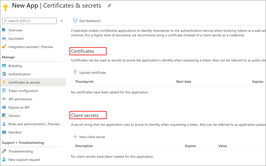 Screenshot dei certificati e dei segreti client in Nuova app, Certificati e segreti.