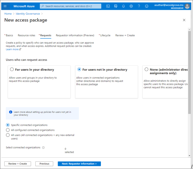 Screenshot delle impostazioni e delle opzioni in Governance delle identità, Nuovo pacchetto di accesso.