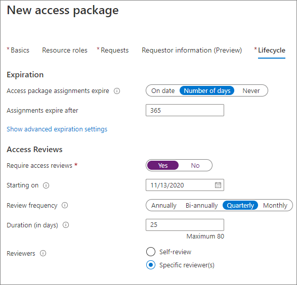 Screenshot delle opzioni e delle voci in Nuovo pacchetto di accesso.