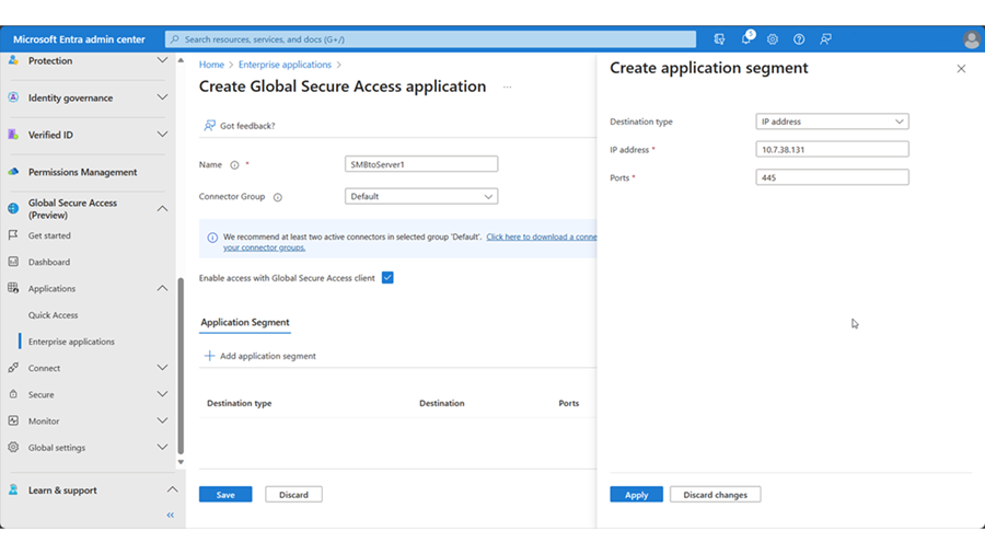 Screenshot della finestra Crea applicazione di Accesso globale sicuro, Crea segmento di applicazione SMB.