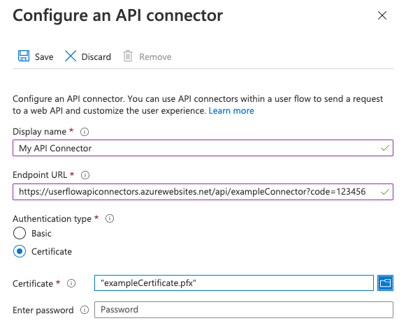 Screenshot della configurazione dell'autenticazione del certificato per un connettore API.