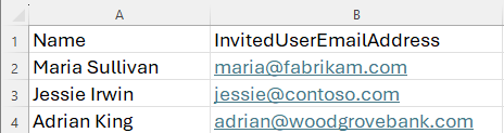 Screenshot che mostra le colonne di file csv di Name e InvitedUserEmailAddress.