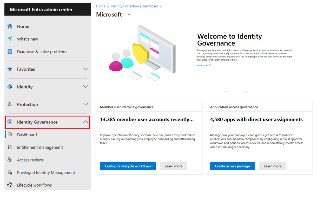 Screenshot del menu dell'interfaccia di amministrazione di Microsoft Entra Identity Governance.