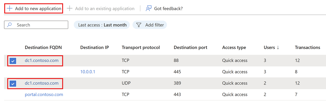 Screenshot dell'elenco dei segmenti dell'applicazione con due segmenti selezionati.