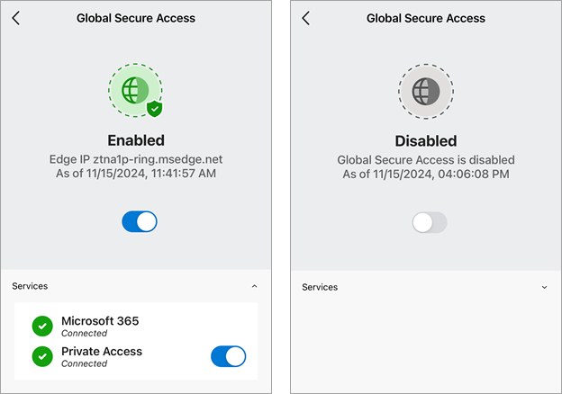 Screenshot del client Accesso sicuro globale in iOS che mostra le schermate di stato Abilitato e Disabilitato.