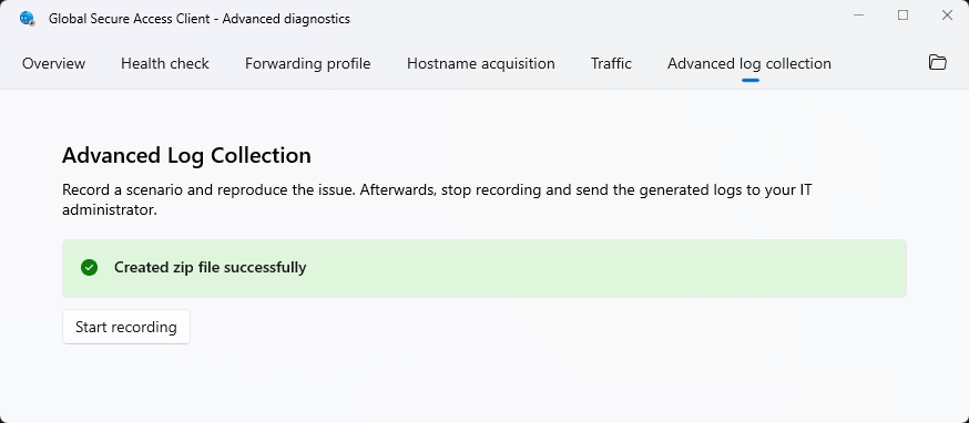 Screenshot che mostra la finestra di dialogo Global Secure Access Client - Advanced diagnostics (Client di accesso sicuro globale - Diagnostica avanzata) nella scheda Raccolta log avanzata.