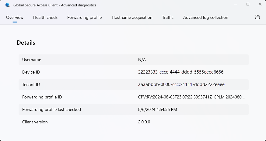 Screenshot che mostra la finestra di dialogo Global Secure Access Client - Advanced diagnostics (Client di accesso sicuro globale - Diagnostica avanzata) nella scheda Panoramica.