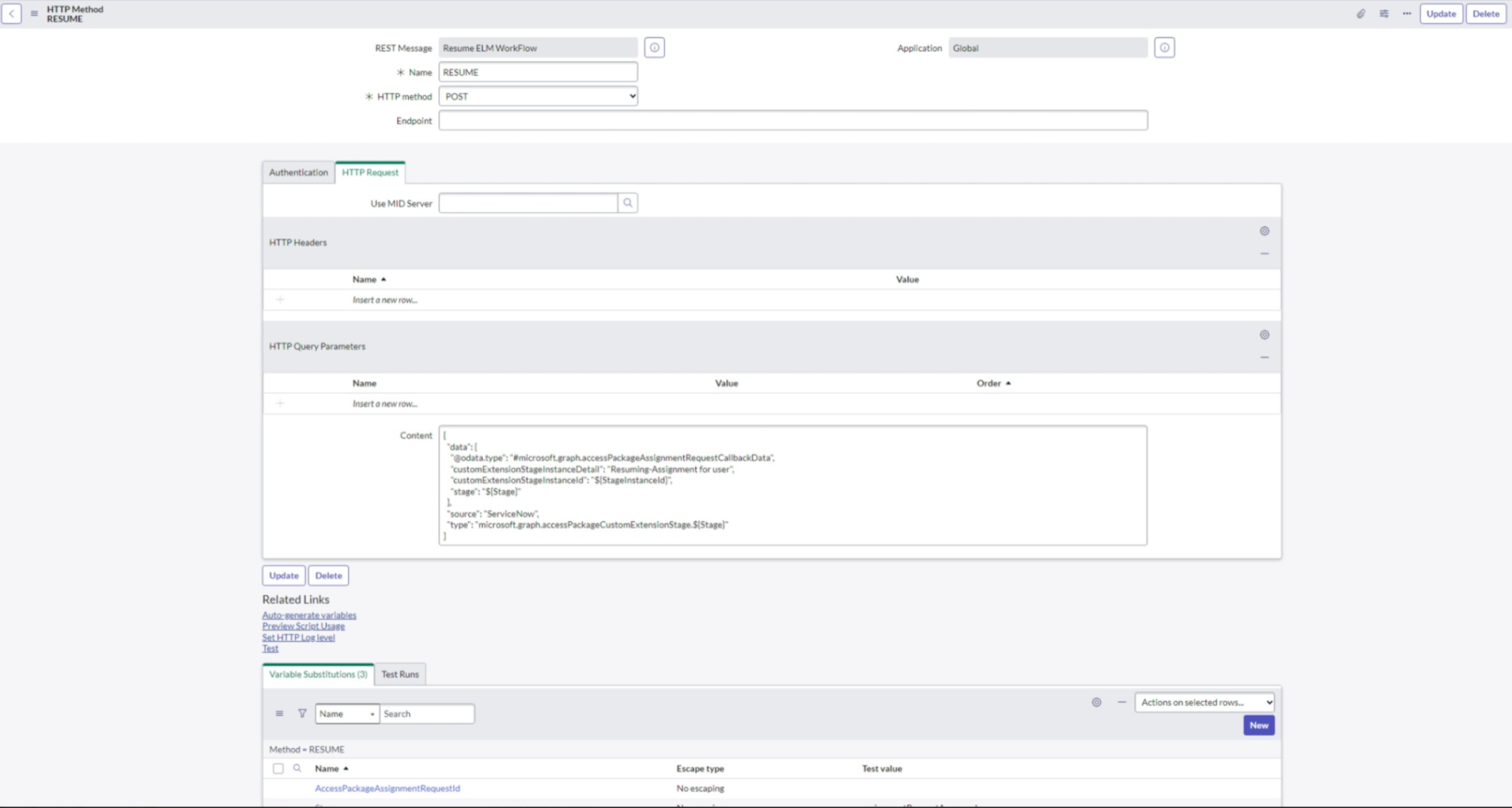 Screenshot della richiesta HTTP all'interno di ServiceNow.