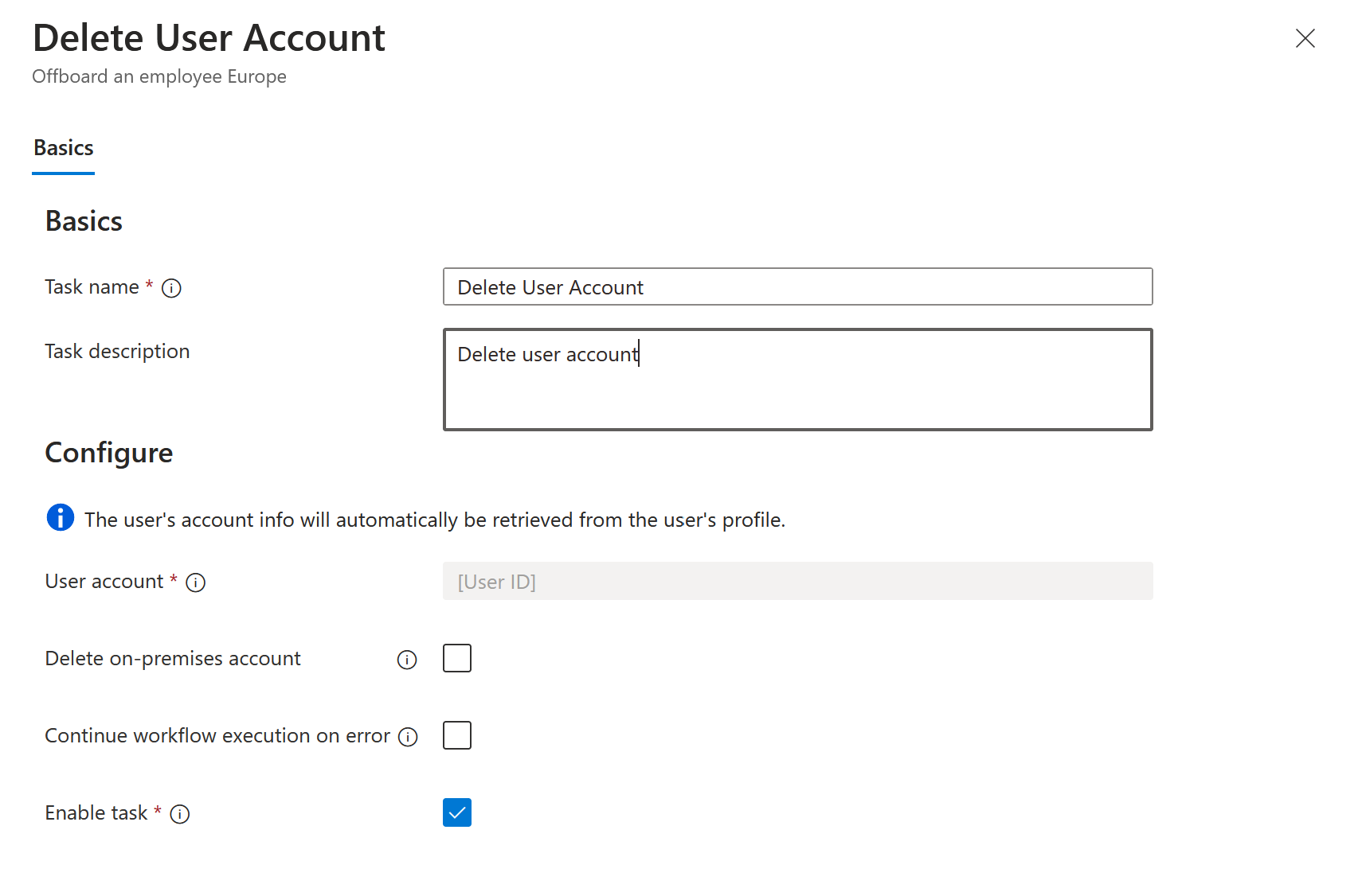 Screenshot dell'attività Gestione dei flussi di lavoro: eliminazione account utente.