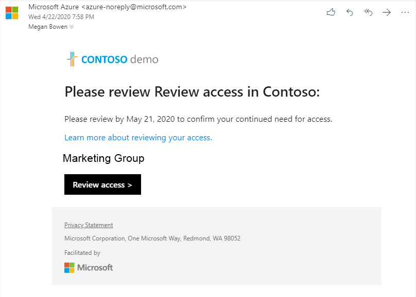 Indirizzo di posta elettronica di esempio da Microsoft per verificare l'accesso a un gruppo