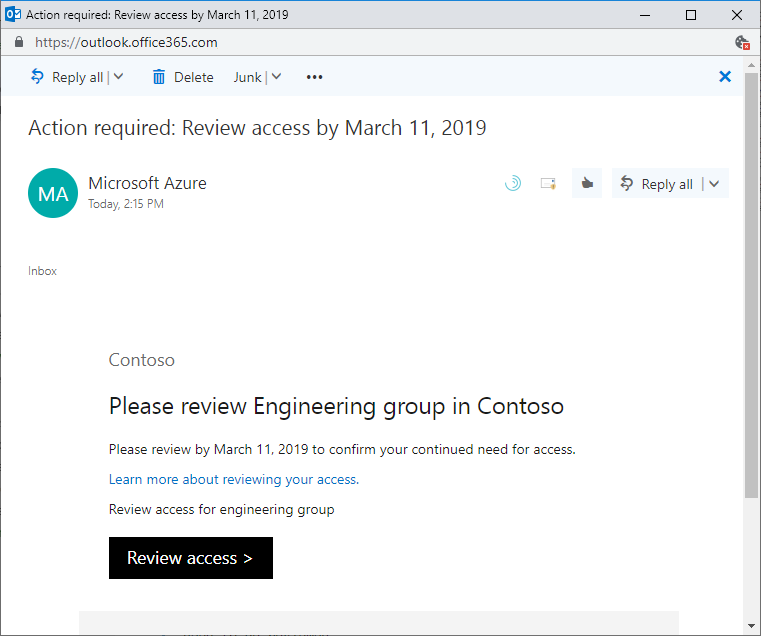 Esempio di email da Microsoft per rivedere il tuo accesso a un gruppo