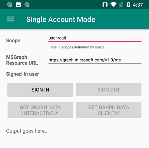 Screenshot dell'app di esempio MSAL che mostra l'utilizzo di account singolo e multiplo.