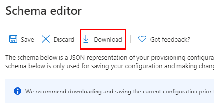 Screenshot che mostra l'editor di schemi con l'opzione Download selezionata per salvare una copia dello schema.