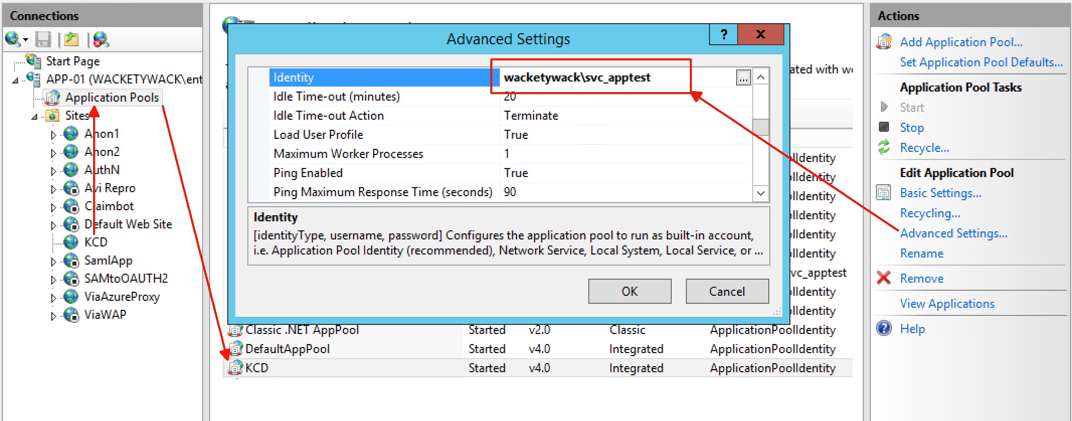 Finestra di configurazione dell'applicazione IIS