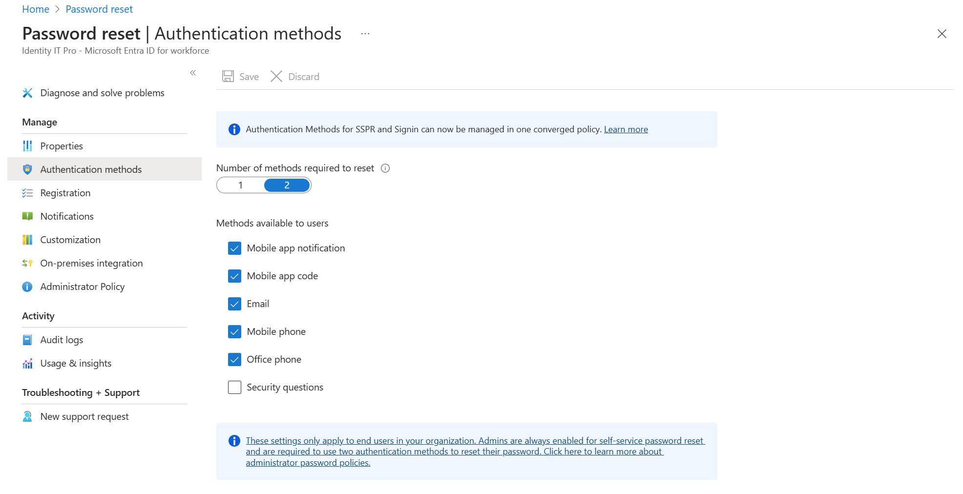 Screenshot delle impostazioni di reimpostazione della password.