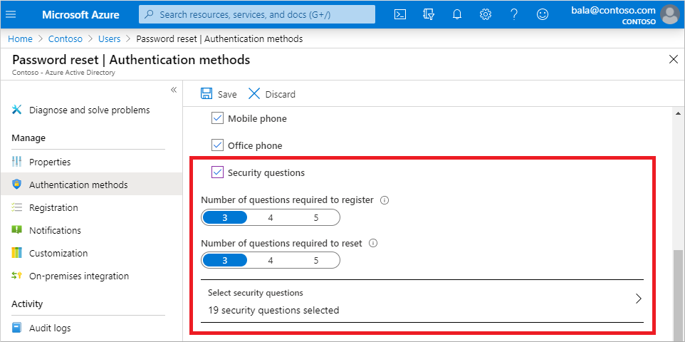 Screenshot dell'interfaccia di amministrazione di Microsoft Entra che mostra i metodi di autenticazione e le opzioni per le domande di sicurezza