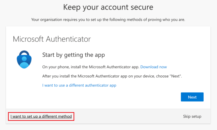 Screenshot di come scegliere un altro metodo quando si configura Microsoft Authenticator.