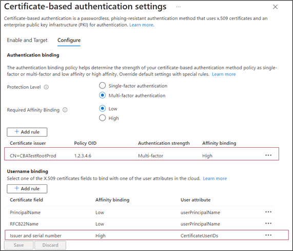 Screenshot dell'Autorità di certificazione e del numero seriale aggiunti all'interfaccia di amministrazione di Microsoft Entra.