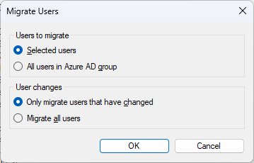 screenshot della finestra di dialogo Migrate users.