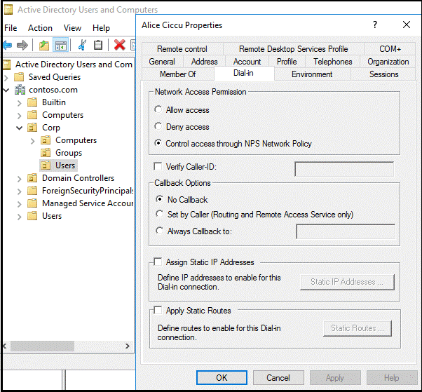 Scheda Chiamate in ingresso nelle proprietà dell'utente in Utenti e computer di Active Directory