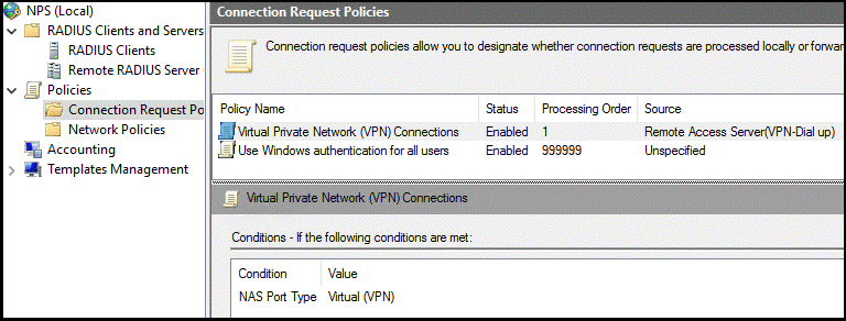 Politica di richiesta di connessione che mostra la politica di connessione VPN