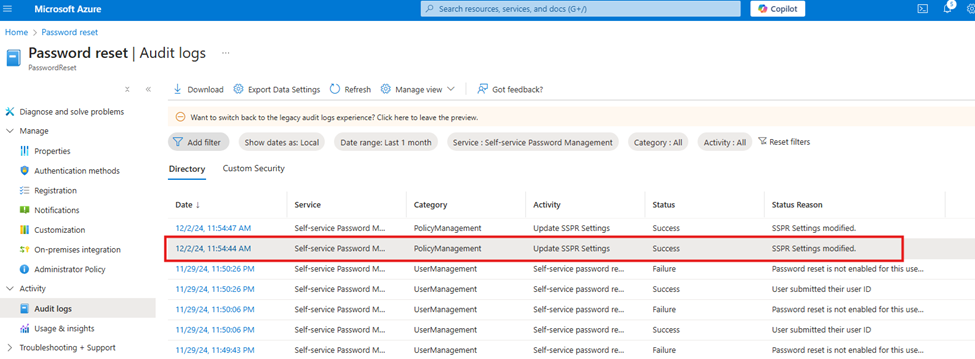 Creazione di report sulla reimpostazione della password self-service (SSPR) con i log di controllo in Microsoft Entra ID