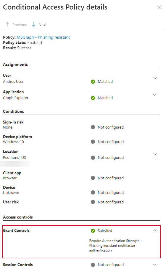 Screenshot che mostra l'attendibilità dell'autenticazione in Dettagli dei criteri di accesso condizionale nel log di accesso.