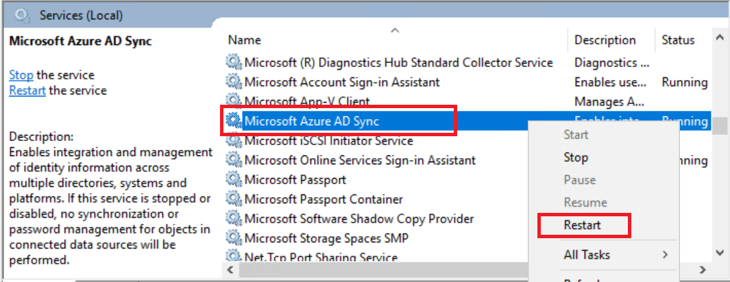 Riavviare il servizio Azure AD Sync con l'interfaccia utente grafica