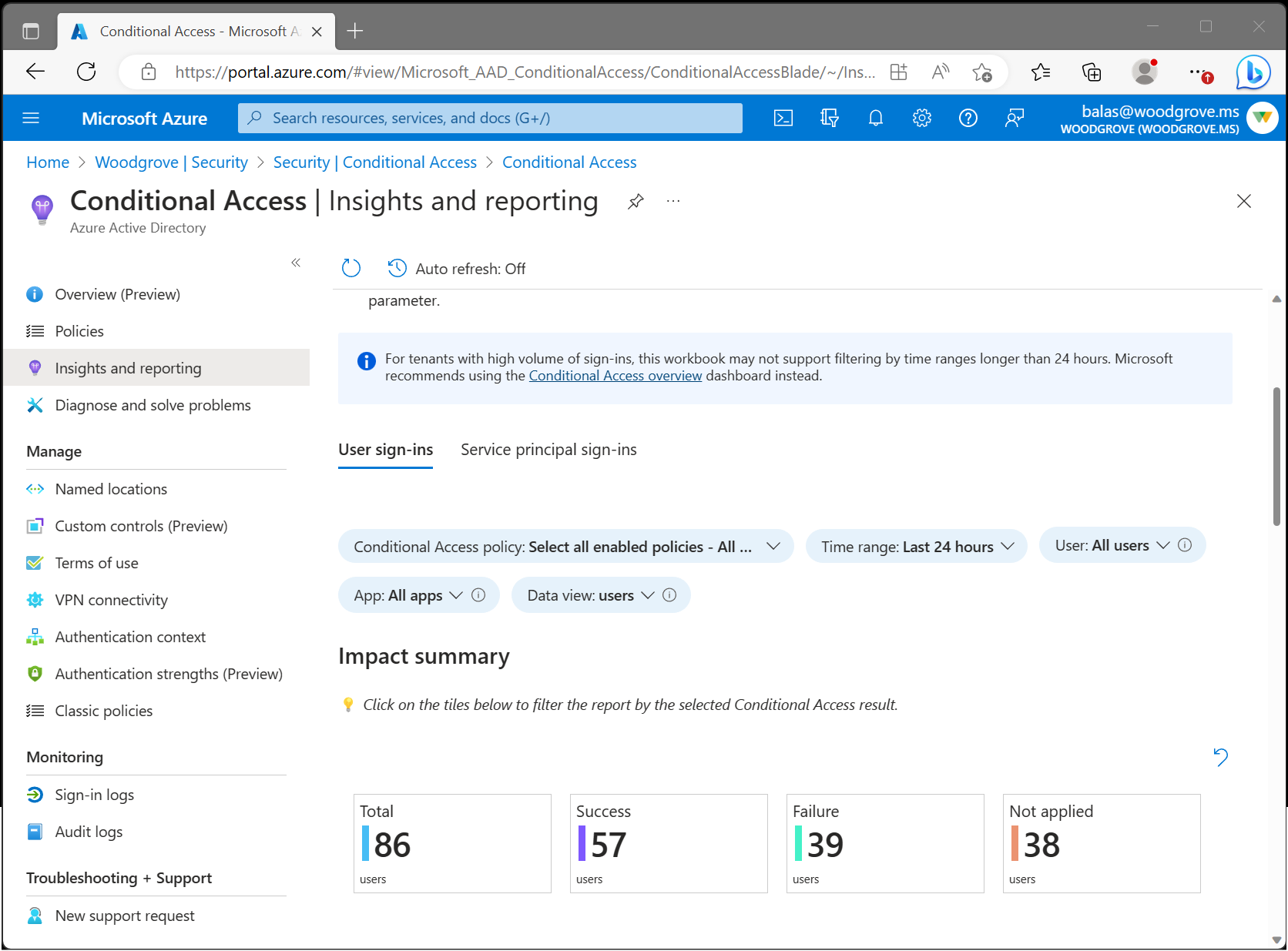 Screenshot che mostra la cartella di lavoro Informazioni dettagliate e report sull'accesso condizionale.