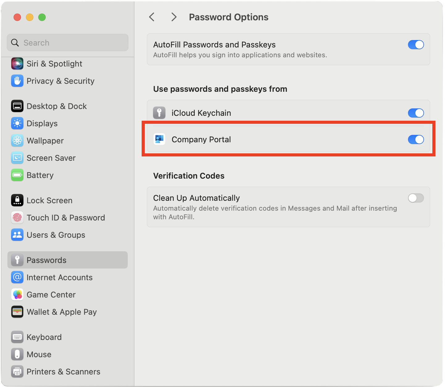 Screenshot della finestra Opzioni password che indica che è stato abilitato l'uso di password e passkey dal portale aziendale tramite un'opzione.