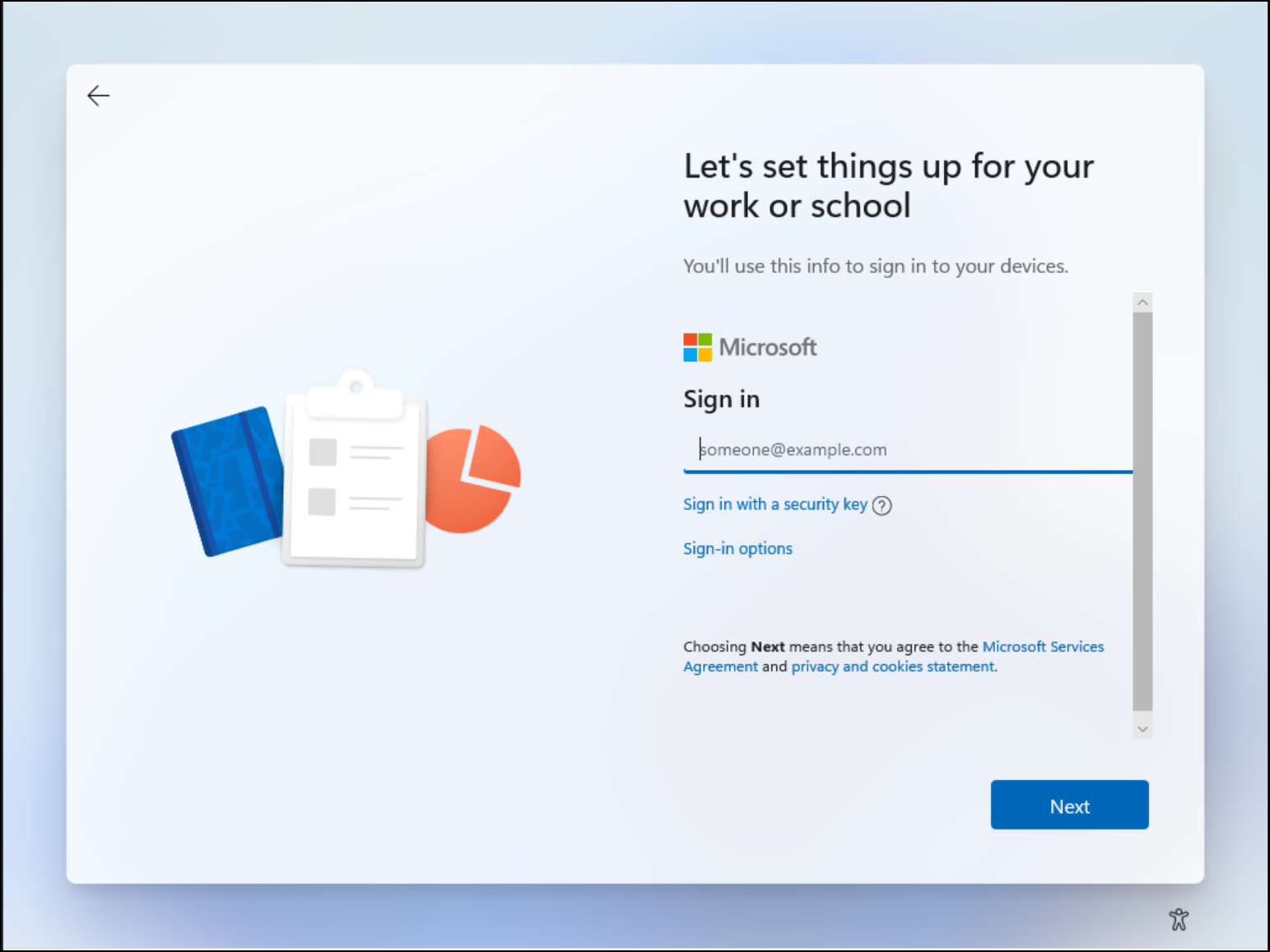 Screenshot dell'esperienza iniziale di Windows 11 che illustra l'esperienza di accesso.