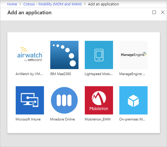 Screenshot della pagina di aggiunta di un'applicazione a Microsoft Entra ID. Sono elencati diversi provider MDM.