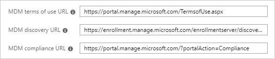 Screenshot di parte della sezione di configurazione MDM di Microsoft Entra, con campi URL per le condizioni d'uso, l'individuazione e la conformità di MDM.