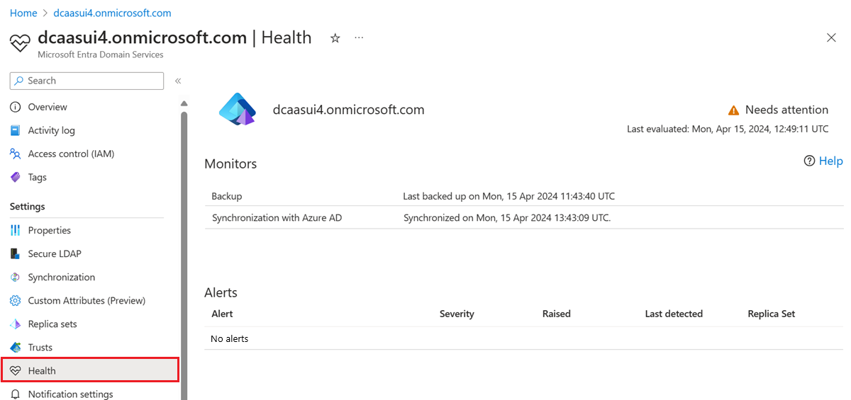 Panoramica della pagina integrità che mostra lo stato di Microsoft Entra Domain Services